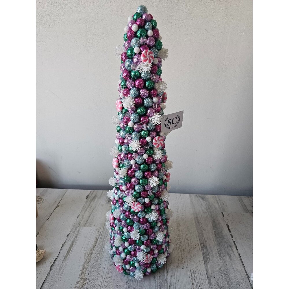 Sc Salzburg creations 24"‎ glitter pastel tree Xmas pink peppermints centerpiece